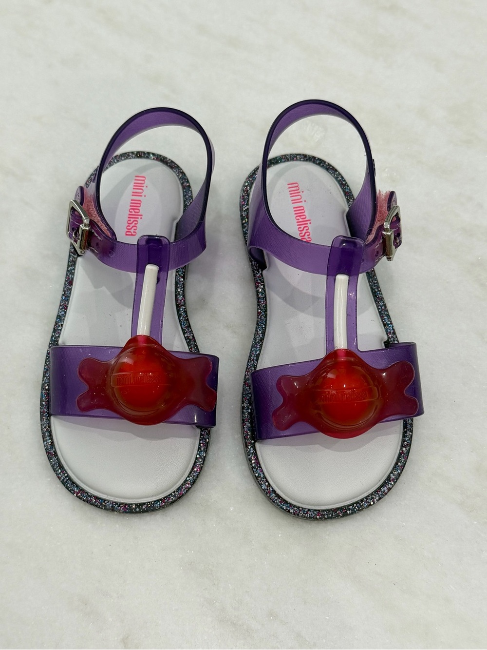 Mini Melissa Purple Jelly Sandals with Red Candy Detail